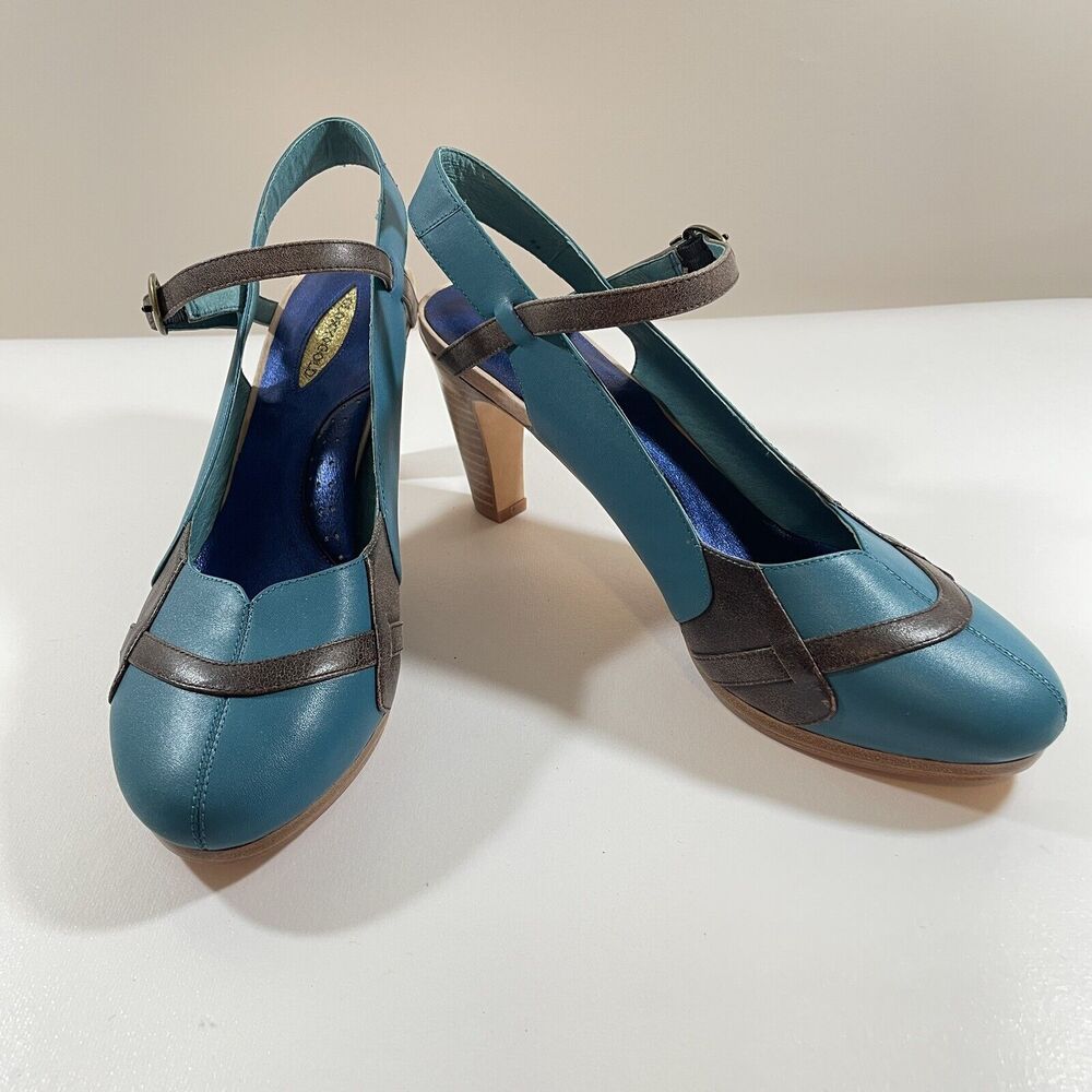 Glory Gold Womens Size 10 Heels Mary-Jane Platform Pumps Teal Blue & Brown Sling